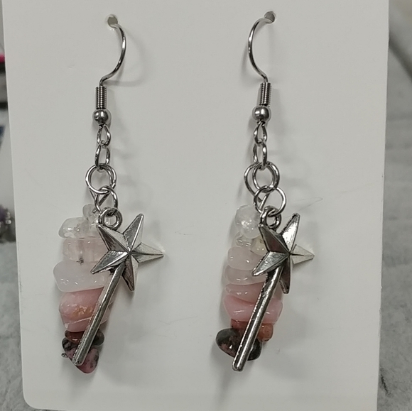 Wand Earrings Natural Gemstone Rose Quartz Rhodonite Pink Opal Crystal Chip Bead - Picture 10 of 10